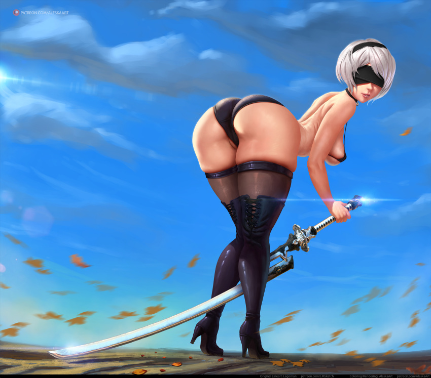 1girls aleskaart ass big_ass big_breasts breasts female female_only female_protagonist high_heels large_breasts legoman looking_at_viewer looking_back nier nier:_automata panties solo thighhigh_boots thighhighs yorha_2b