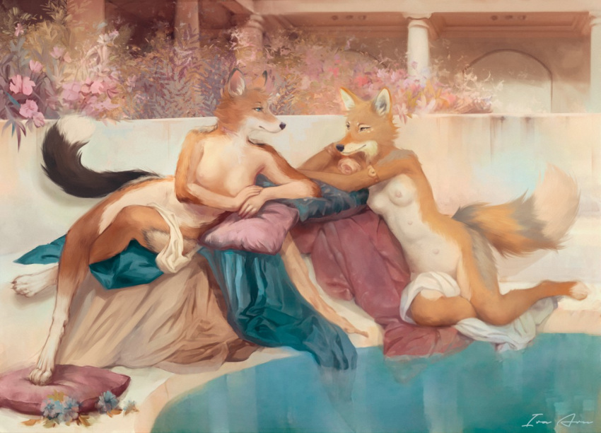 2020 anthro breasts brown_body brown_fur canid canine canis convenient_censorship coyote duo female flower fur ira-arn jackal lying mammal multi_nipple nipples nude on_side plant reclining riley_(phazon-harbinger) tasteful_nudity water whisper_(gabrielofcreosha)