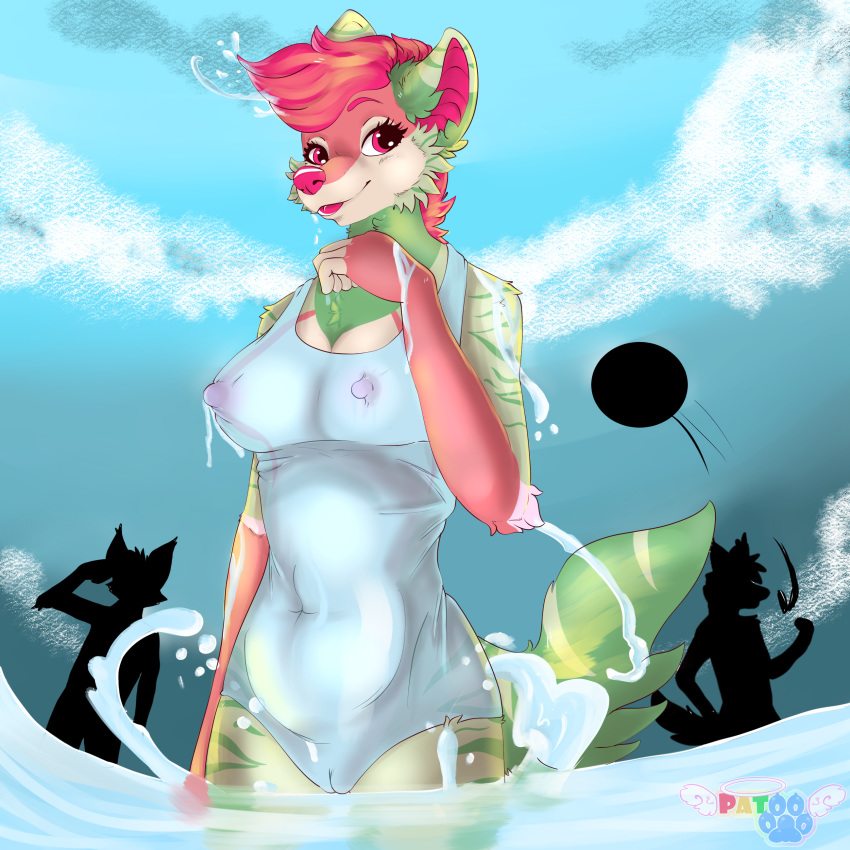 1:1 absurd_res angel_patoo anthro ass beach breasts digital_media_(artwork) female fluffy frenchfurry fursonaart genitals group halfbody headshot hi_res hyaenid illustration male mammal nipples nude pornography pussy seaside vagina water