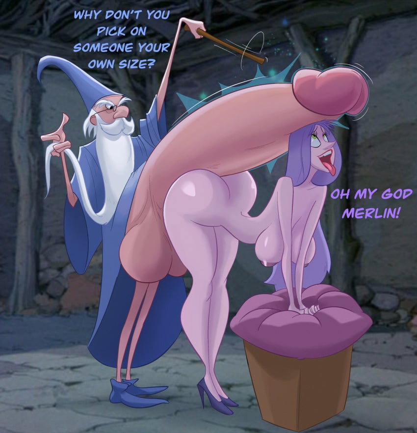 arthurian_legends ass big_ass big_breasts bimbo breasts detailed_background disney disney_villains english english_text gigantic_penis gilf green_eyes heels_only high_heels huge_testicles hyper hyper_balls hyper_penis john_coffe large_breasts lipstick long_beard long_hair looking_at_penis madam_mim magic mature_female mature_male merlin naked nipples nude nude_female open_mouth penis purple_hair testicles the_sword_in_the_stone wand white_beard white_hair witch