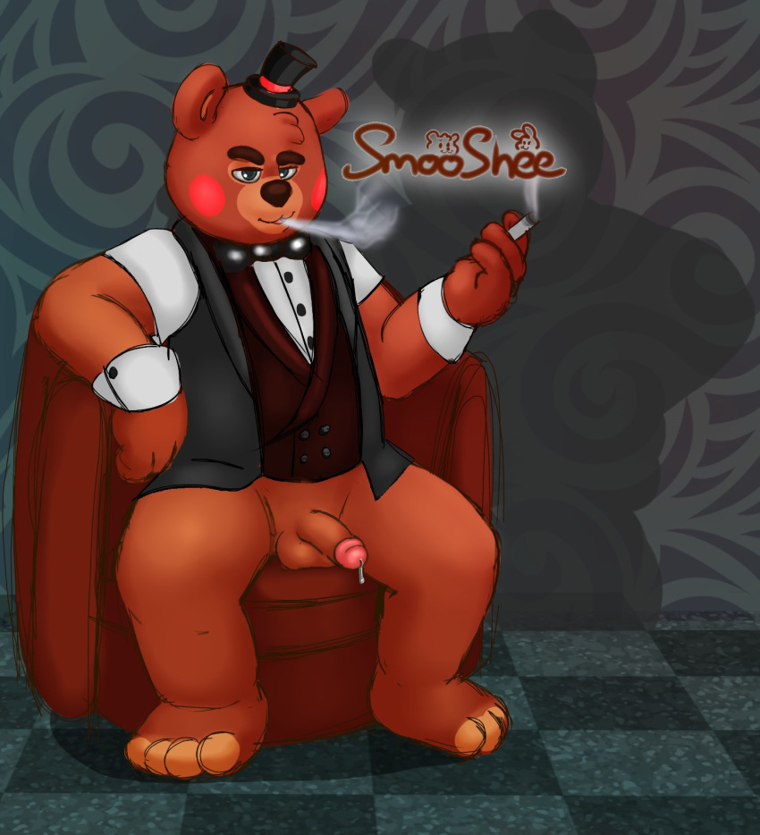 2017 animatronic anthro balls brown_body clothing five_nights_at_freddy's genitals hat headgear headwear hi_res humanoid_hands machine male mammal oseterollicete overweight overweight_anthro overweight_male penis robot shirt sitting smoking smoosho solo topwear ursid video_games