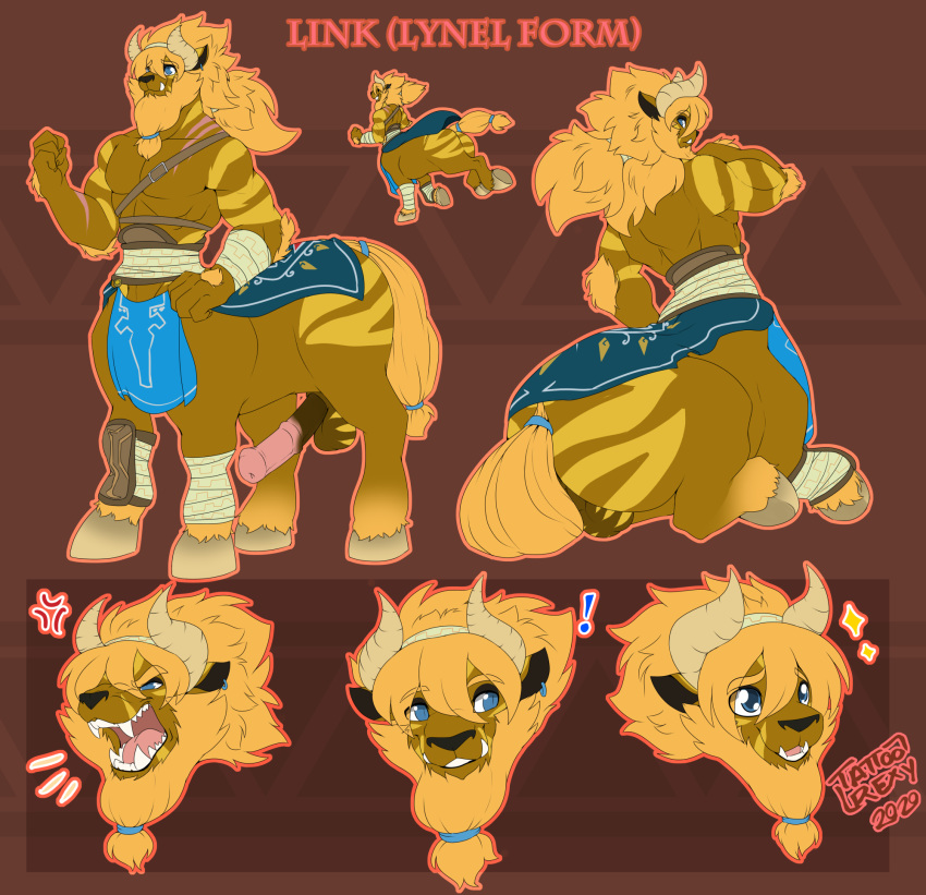 angry animal_genitalia animal_penis balls blonde_hair bondage bound breath_of_the_wild clothed clothing equid equine_penis erection erection_under_clothing expression_sheet expressions genitals hair hi_res hooves horn link lynel male male_only mammal mane model_sheet muscular muscular_male muscular_taur nintendo open_mouth penis scar simple_background smile solo tattoorexy taur the_legend_of_zelda transformation video_games