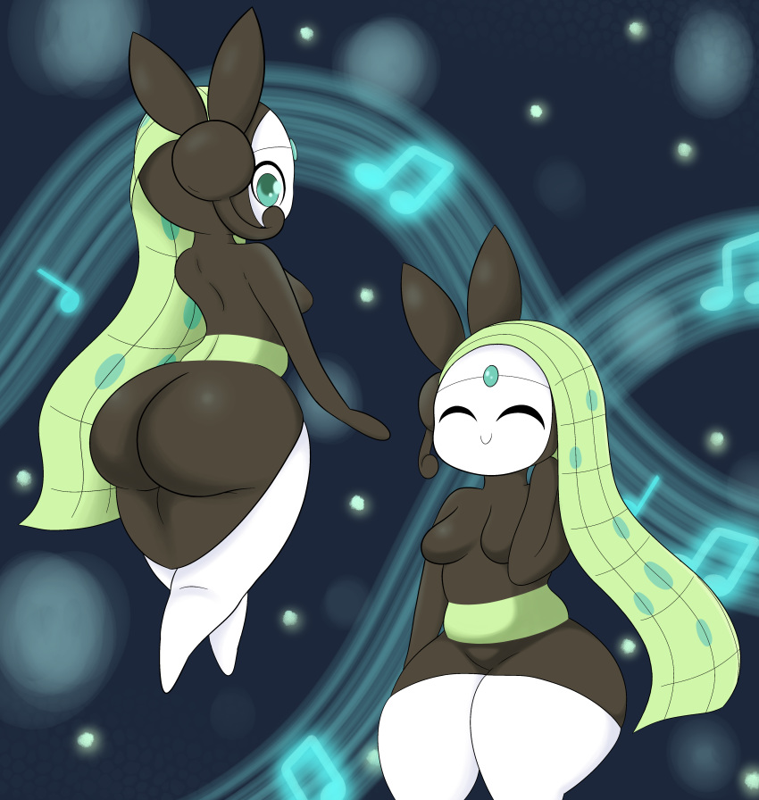 absurd_res anthro ass big_ass blue_eyes green_hair meloetta musical_note nsfwggnaarlyy pokémon_(species) pokemon thick_thighs tight_clothing