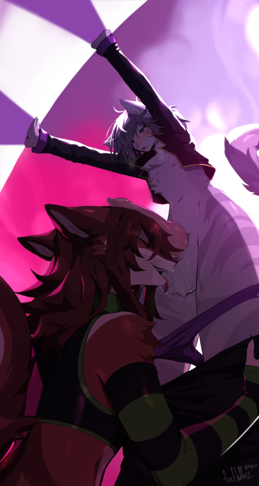 1boy 1girls absurd_res anthro anthro_on_anthro armwear ball_lick ball_sniffing balls blush bodily_fluids bottomwear canid canine canine_teeth canis chest_tuft clothed clothing crop_top domestic_cat duo felid feline felis female female_anthro femboy femboy_on_female fireflufferz genital_fluids genitals girly green_eyes hair hetero hi_res knot licking long_hair long_sleeves male male/female male_anthro male_anthro/female_anthro mammal open_maw open_mouth open_muzzle oral panties panties_down pants pants_down partially_clothed pink_nose pink_tongue ponytail precum precum_string saliva saliva_on_balls saliva_on_penis saliva_string sex shirt skylar_zero sniffing straight stripes tongue tongue_out topwear troy_lesage tuft underwear vest watermark wolf