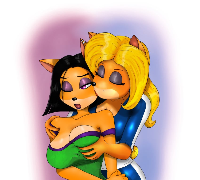 2girls activision anthro beauty_mark black_hair blonde_hair bob_cut breast_grab breast_squeeze breasts cleavage closed_eyes clothing crash_(series) earrings eyeshadow female_only grabbing_breasts isabella_bandicoot kissing kissing_cheek lipstick liz_bandicoot one_eye_closed pendulous_g purple_eyes tagme tank_top track_suit yellow_hair yellow_tail yuri