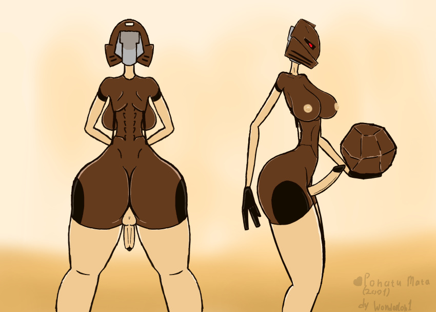 anthro back big_ass big_breasts bionicle brown_body brown_skin erection futa_only futanari genderswap intersex lego pohatu red_eyes robot robot_girl thick_thighs wonderloh1