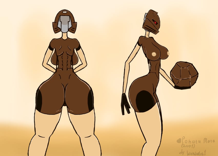 anthro back big_ass big_breasts bionicle brown_body brown_skin female female_only genderswap lego pohatu red_eyes robot robot_girl rule_63 thick_thighs wonderloh1