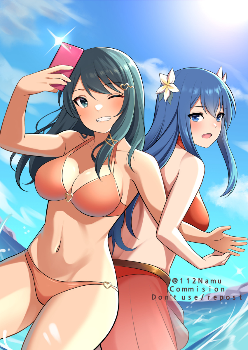 2girls :d alternate_costume back back-to-back bare_shoulders bikini bikini_skirt blue_eyes blue_hair blue_sky blush breasts caeda_(fire_emblem) caeda_(summer)_(fire_emblem) camera_flash cellphone cleavage cloud collarbone commission cowboy_shot day female female_only fire_emblem fire_emblem:_mystery_of_the_emblem fire_emblem:_shadow_dragon_and_the_blade_of_light fire_emblem_heroes flower grin groin hair_between_eyes hair_flower hair_ornament hairclip heart heart_hair_ornament highres holding holding_phone in-franchise_crossover indoors large_breasts long_hair looking_at_viewer multiple_girls namu_(112namu) navel nintendo ocean official_alternate_costume one_eye_closed open_mouth orange_bikini orange_swimsuit oribe_tsubasa outdoors phone pixiv_commission red_bikini red_swimsuit sarong see-through see-through_skirt selfie sidelocks skirt sky smartphone smile standing stomach sunlight swept_bangs swimsuit teal_eyes teal_hair teeth tokyo_mirage_sessions_#fe wading water wink