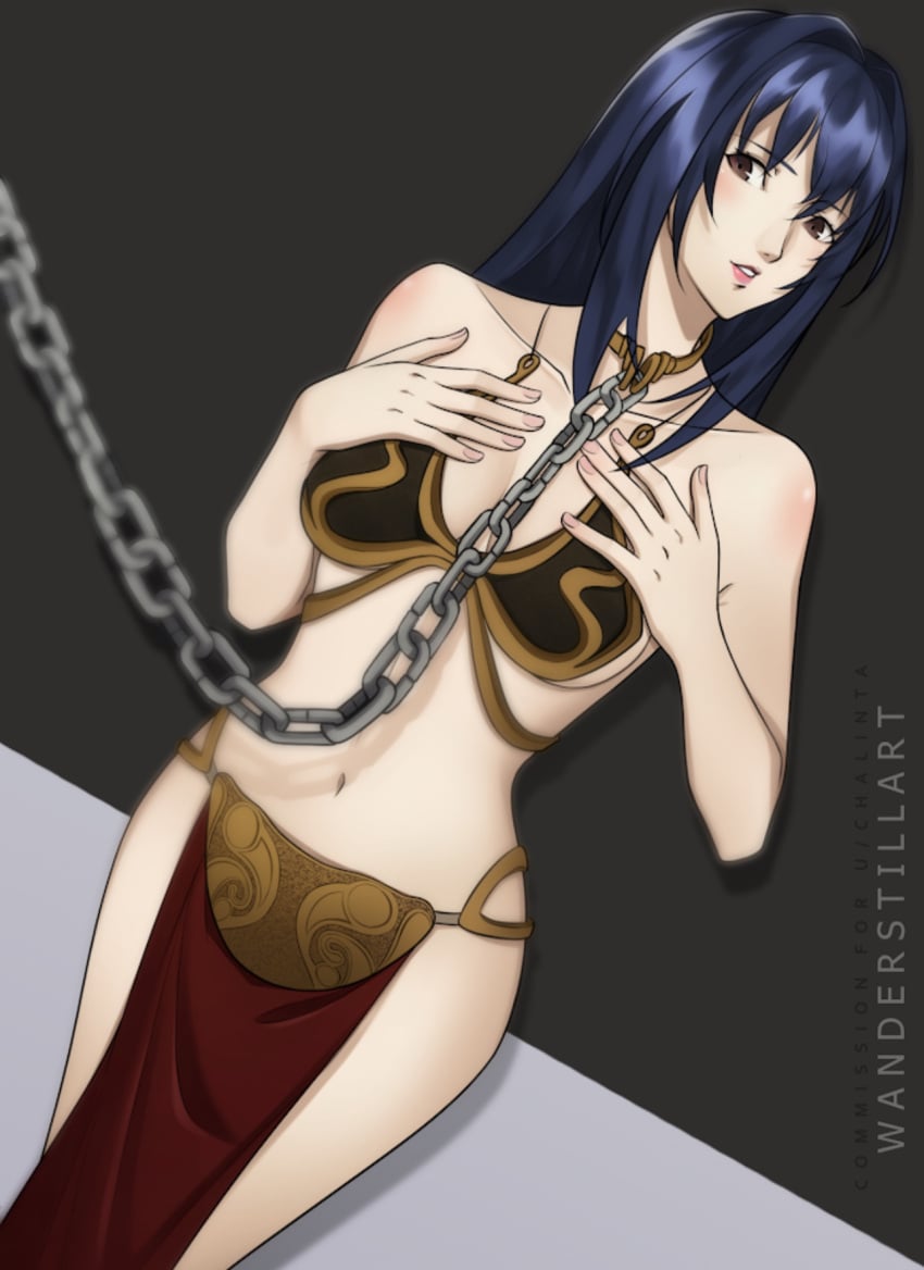 1girls belly_dancer belly_dancer_outfit blue_hair brown_eyes chain_leash chained chains chalinta collar crossover_cosplay dancer dancer_outfit female female_only femsub harem_girl harem_outfit loincloth long_hair maken-ki! metal_collar nijou_aki princess_leia_organa revealing_clothes slave slave_bikini slave_collar slave_leia_(cosplay) slave_outfit slavegirl star_wars wanderstillart