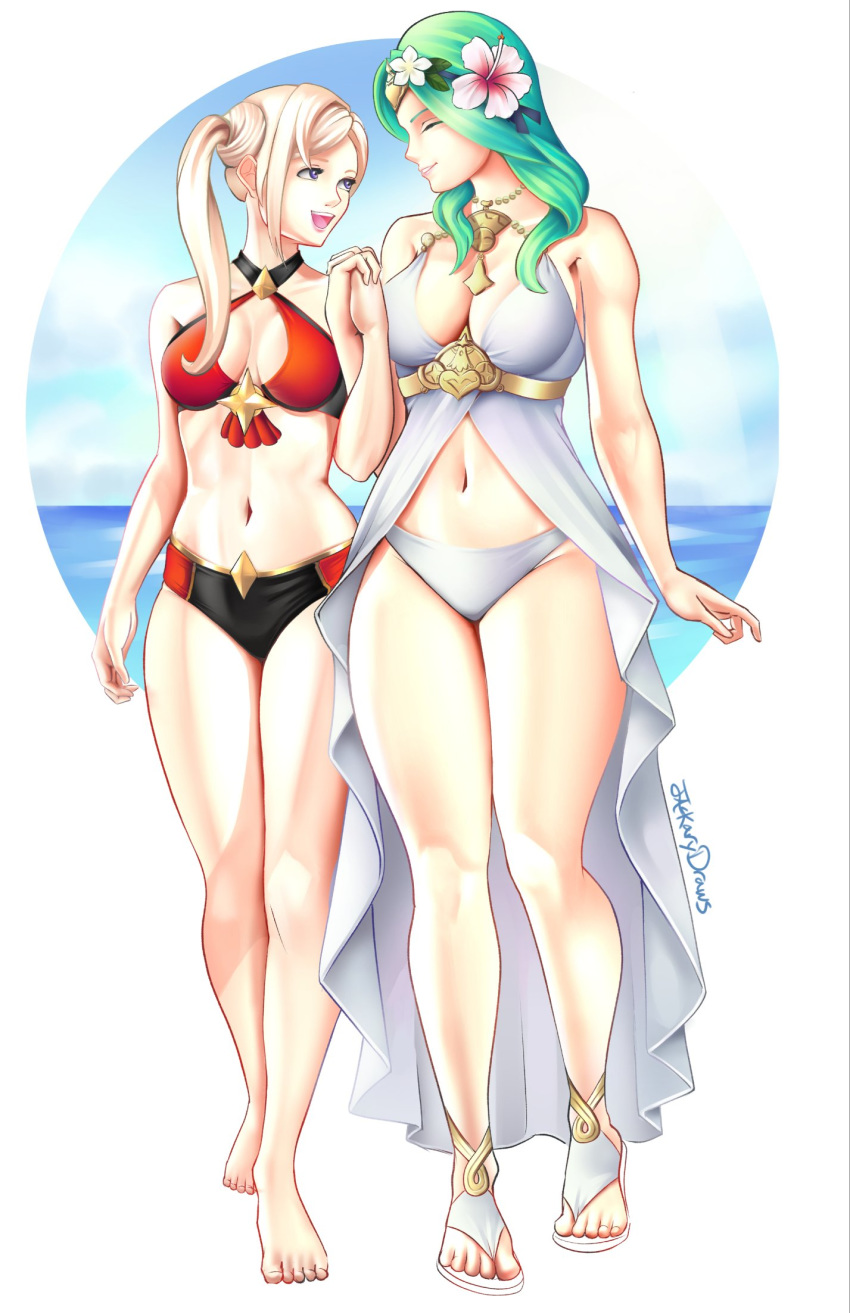 2girls alternate_costume alternate_hairstyle barefoot bikini blonde_hair breasts cleavage closed_eyes clouds dress edelgard_von_hresvelg female female_only fire_emblem fire_emblem:_three_houses fire_emblem_heroes flower_in_hair green_eyes green_hair holding_hands jackary_draws large_breasts long_hair midriff multiple_girls nabatean_(fire_emblem) navel necklace nintendo ocean official_alternate_costume platinum_blonde_hair ponytail post-timeskip purple_eyes red_bikini red_swimsuit rhea_(fire_emblem) rhea_(summer)_(fire_emblem) sandals side_ponytail sky swimsuit thick_thighs water white_bikini white_swimsuit yuri