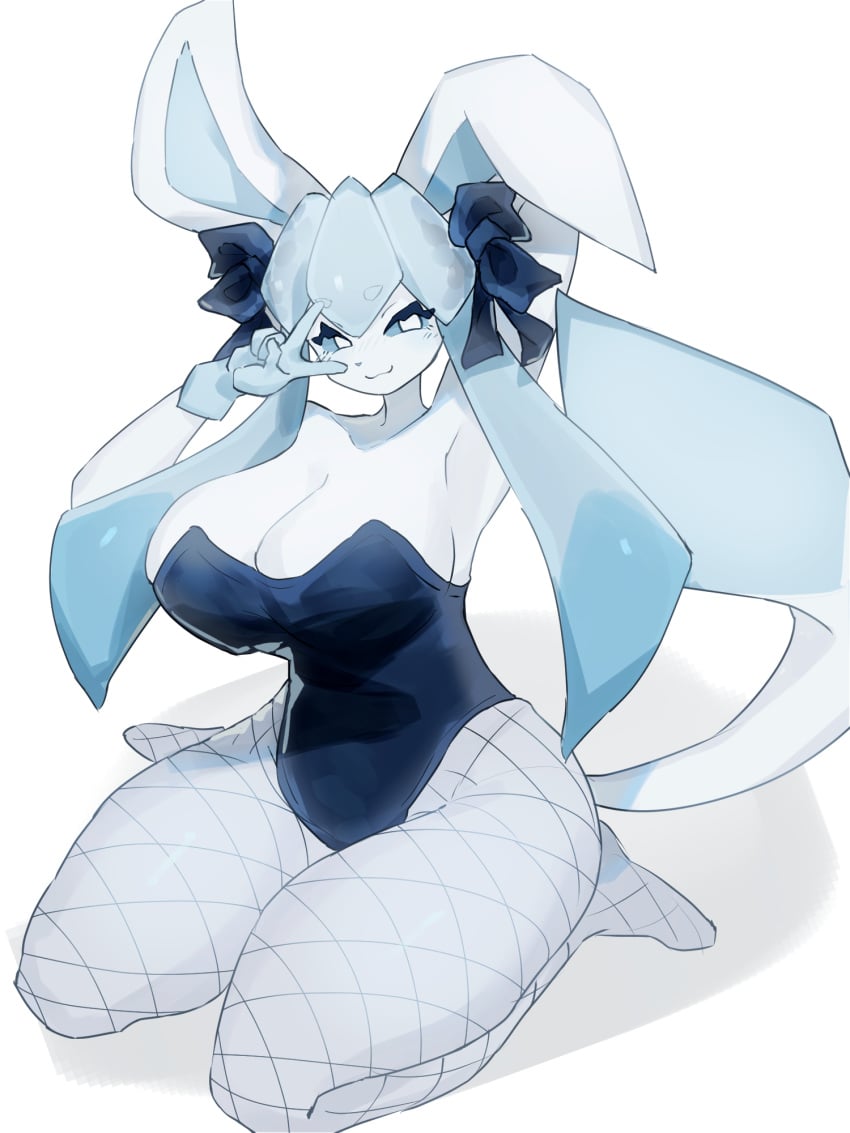 anthro baburusushi big_breasts blue_sclera bunnysuit eeveelution fishnet_pantyhose glaceon humanoid looking_at_viewer nintendo peace_sign pokémon_(species) pokemon pokemon_(species) pokemorph ribbons smile thick_thighs white_background