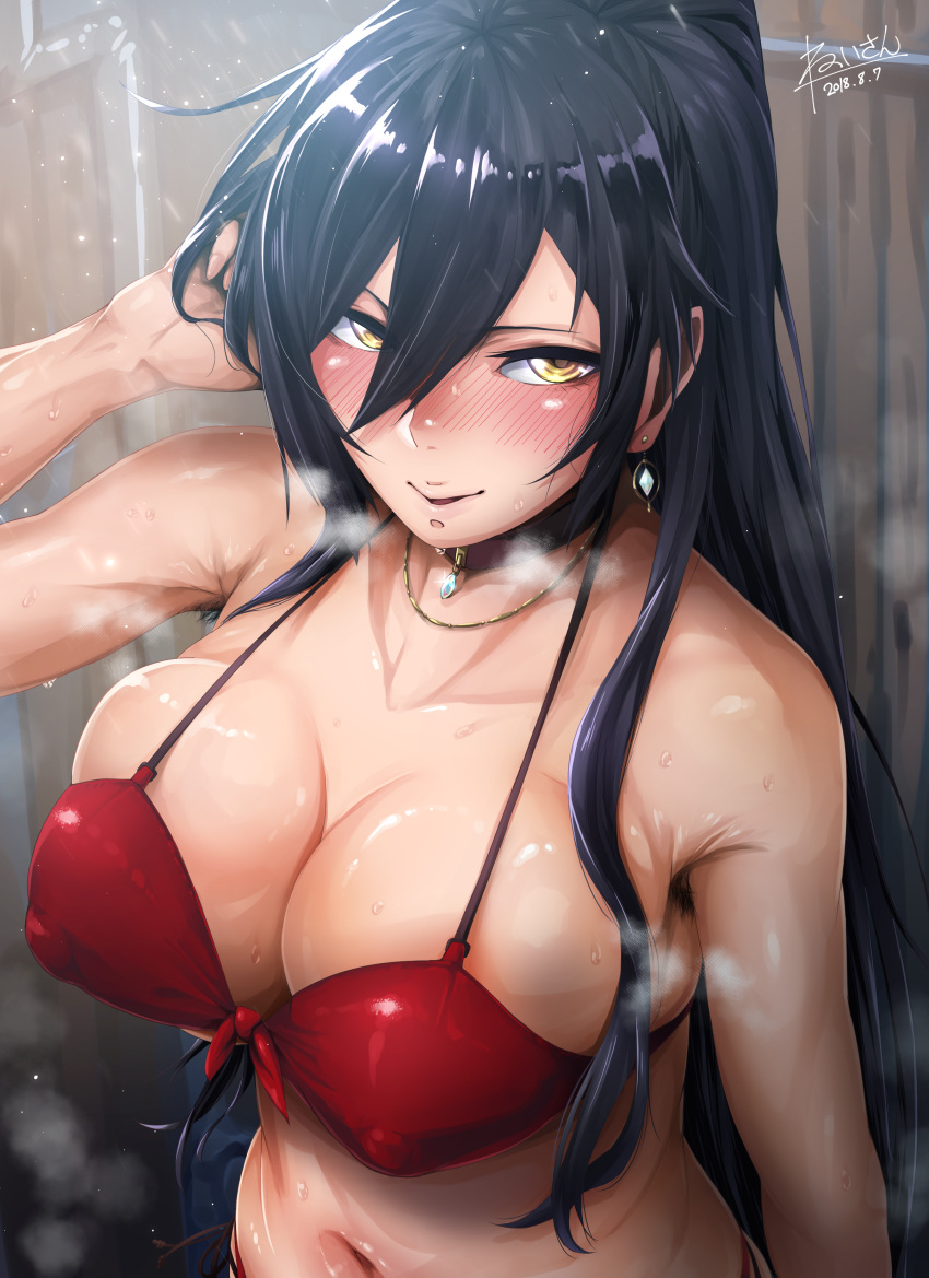 1girls 2018 absurdres arm_at_side arm_up armpit_hair artist_name artist_signature bangs bare_arms bare_shoulders bikini black_hair blush bow breasts breath brown_collar cleavage collarbone dated earrings erect_nipples_under_clothes female female_only from_above front-tie_bikini front-tie_top gem hair_between_eyes hairy half-closed_eyes hand_in_hair heart_cutout heavy_breathing hero_neisan high_resolution highres idolmaster idolmaster_shiny_colors jewelry large_breasts long_hair looking_at_viewer navel necklace nose_blush parted_lips ponytail red_bikini red_bow shiny shiny_hair shiny_skin shirase_sakuya side-tie_bikini sidelocks signature smile solo standing steam stomach strap_gap sweat swept_bangs swimsuit touching_hair upper_body yellow_eyes