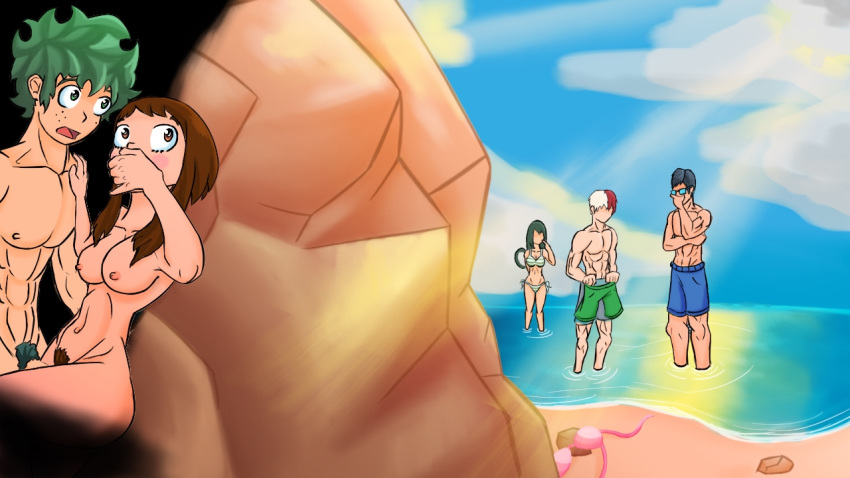 2girls 3boys beach bikini breasts brown_eyes brown_hair green_eyes green_hair hand_over_mouth izuku_midoriya my_hero_academia nude ochako_uraraka public rosy_cheeks sex shouto_todoroki swimwear tagme tenya_iida trunks tsuyu_asui