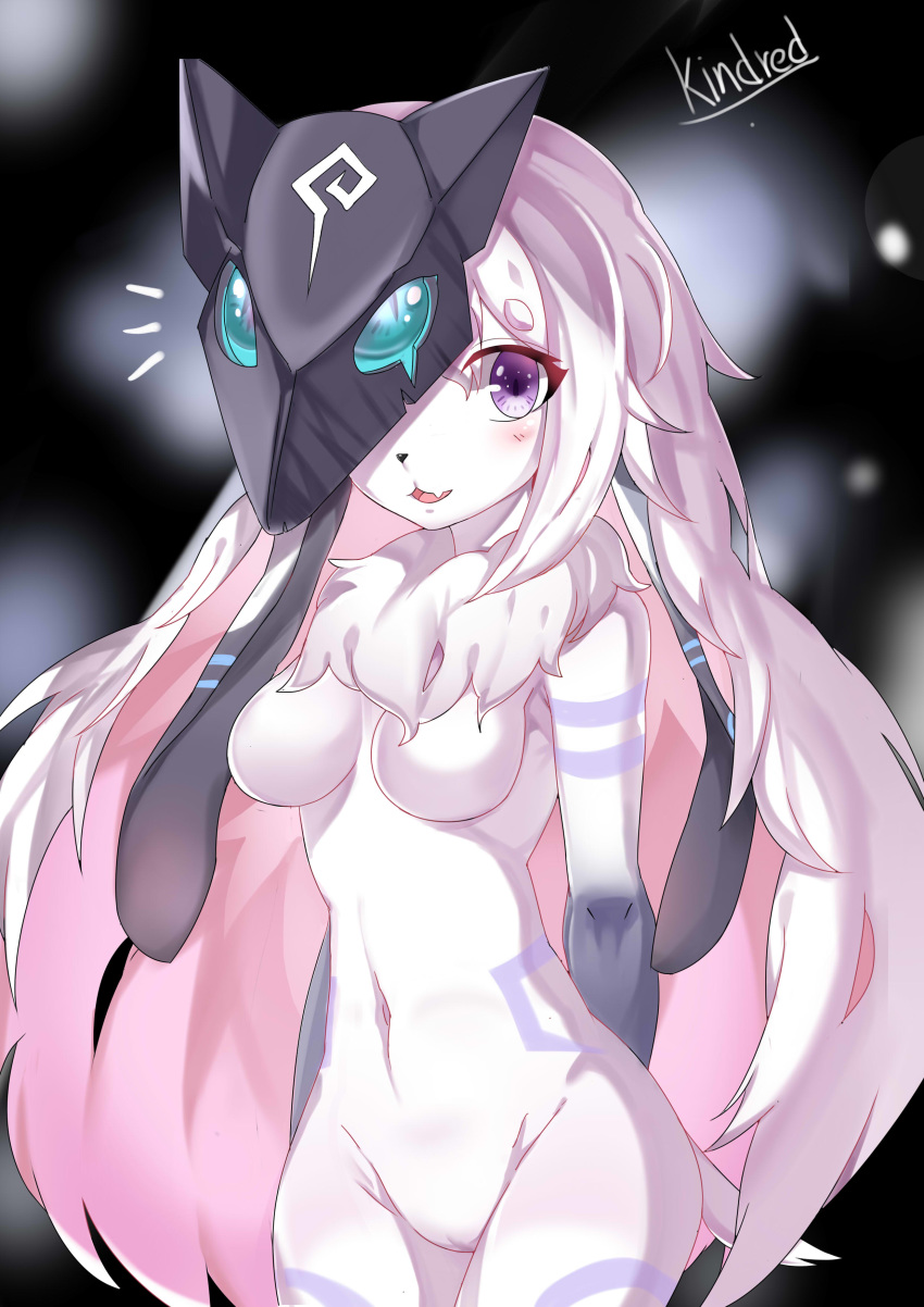 2019 absurdres anthro black_nose blush bovid breasts caprine female fur furry genitals highres kindred lamb_(league_of_legends) league_of_legends long_hair mammal mask open_mouth purple_eyes pussy riot_games sheep simple_background solo user_cpsf8285 white_fur white_hair