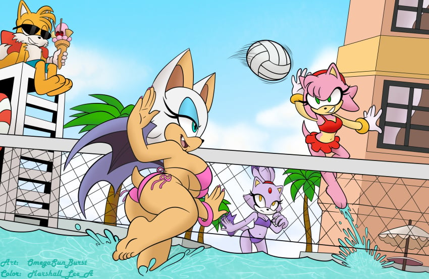 3girls amy_rose ball bat bat_wings big_ass big_breasts bikini blaze_the_cat blue_eyes canine cat color colored feline fox hedgehog huge_breasts ice_cream lifeguard lifeguard_tower lifesaver male marshallleea miles_tails_prower omegasunburst palm_tree pink_fur pool purple_fur rouge_the_bat shorts shortstack skirt sonic_(series) sunglasses swimsuit umbrella volleyball water watermark white_fur yellow_eyes yellow_fur