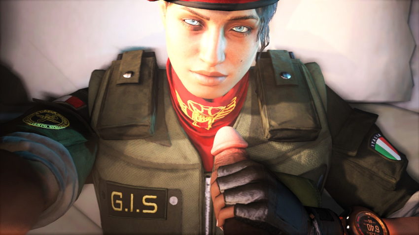 1boy 1girls 3d akatomasu alibi_(rainbow_six) big_penis blue_eyes brown_hair clothed clothing dark-skinned_male eye_contact hand_on_head handjob interracial military military_uniform pov rainbow_six rainbow_six_siege source_filmmaker tagme tom_clancy