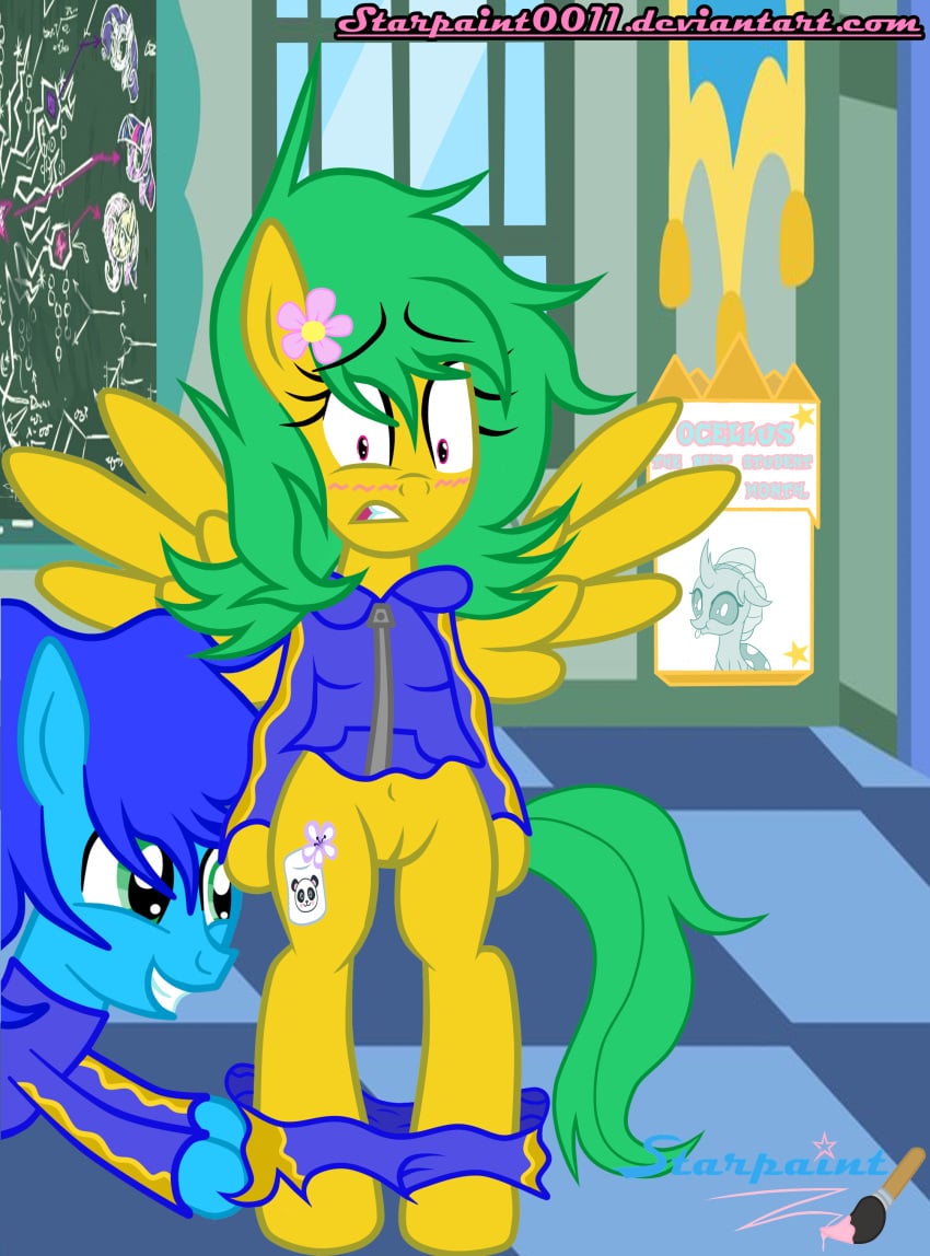 absurd_res assisted_exposure clothing embarrassed equid equine fan_character female female/female furry hasbro hi_res horse humiliation mammal my_little_pony pantsing pegasus pony starpaint0011 underwear wings yuri