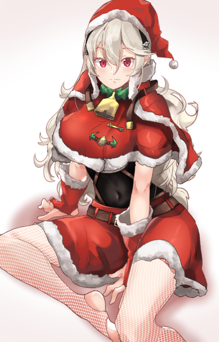 1girls bell belt christmas closed_mouth corrin_(fire_emblem) corrin_(fire_emblem)_(female) female fire_emblem fire_emblem_fates fur_trim gloves h.pn hairband hat highres long_hair nintendo pointy_ears pom_pom_(clothes) red_eyes red_headwear santa_costume santa_hat simple_background sitting skirt solo solo_female white_hair