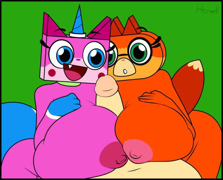 big_breasts big_penis blue_eyes breasts dr._fox erection eyelashes female female_focus fur genitals group group_sex hand_on_breast honwell horn huge_breasts hyper_breasts lego nipples open_mouth straight unikitty unikitty_(series)