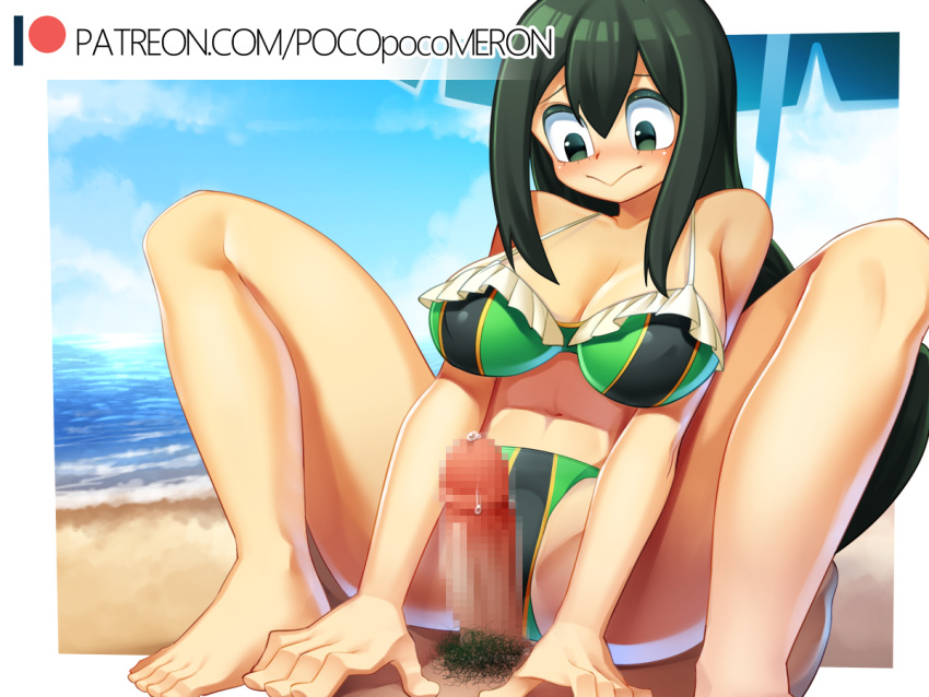 1boy 1girls beach big_breasts big_penis bikini blue_sky blush censored clothed_female_nude_male faceless_male female female_focus female_on_top green_eyes green_hair izuku_midoriya light-skinned_male light_skin long_hair looking_at_penis male my_hero_academia poco_(artist) precum pubic_hair sand sky straight thick_penis thick_thighs thighs tsuyu_asui