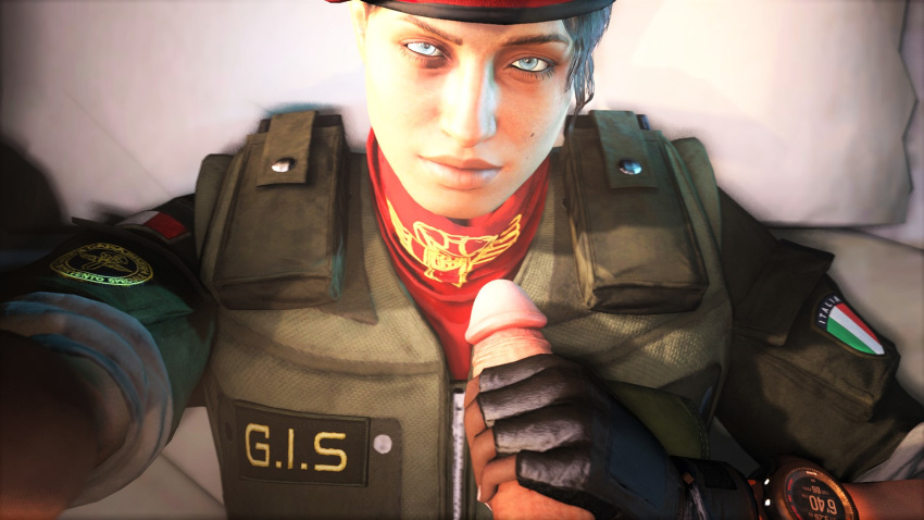 1boy 1girls 3d akatomasu alibi_(rainbow_six) blue_eyes brown_hair clothed clothing eye_contact hand_on_head handjob military military_uniform pov rainbow_six rainbow_six_siege source_filmmaker tagme tom_clancy