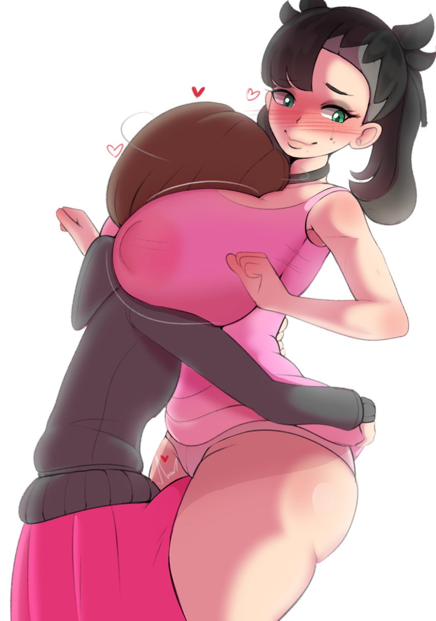 1futa 1girls absurdres ass big_ass black_hair blush breasts brown_hair bulge collar embarrassed erection_under_clothes face_in_breasts female fladdykin futa_on_female futanari gloria_(pokemon) green_eyes hearts highres hug huge_ass huge_breasts huge_cock hugging human larger_female looking_away marnie_(pokemon) nintendo panties penis_under_clothes pokemon pokemon_ss pussy short_hair size_difference smaller_futanari squeeze sweat thick_thighs wide_hips