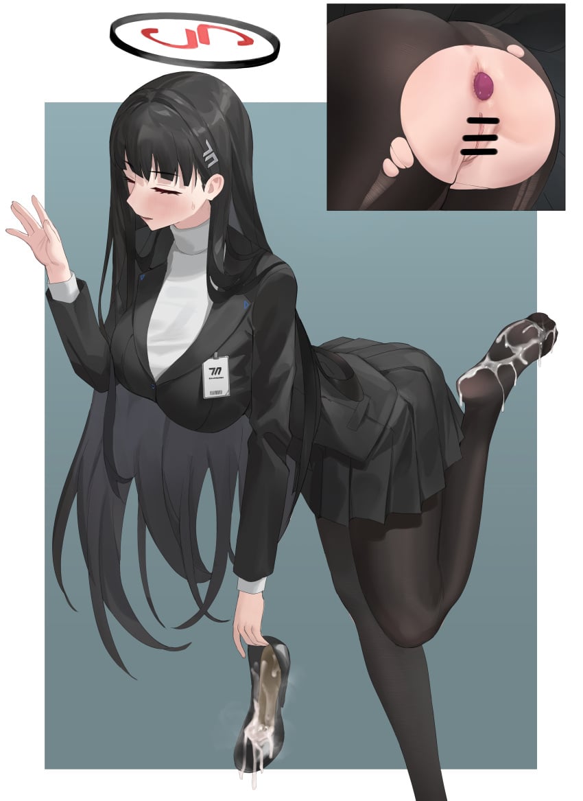 absurdres anal anal_object_insertion anus ass black_footwear black_hair black_pantyhose blazer blue_archive blush breasts censored chuck_(harfmoondark) cum cum_in_footwear cum_in_shoe cum_on_body cum_on_feet dorsiflexion feet female foot_out_of_frame footwear_fetish halo highres jacket large_breasts leg_up legs long_hair millennium_science_school_logo_(blue_archive) millennium_science_school_student multiple_views no_shoes object_insertion paid_reward_available pantyhose pleated_skirt pussy rio_(blue_archive) seminar_(blue_archive) seminar_president shoes shoes_removed skirt solo sweatdrop sweater toes torn_clothes torn_pantyhose turtleneck turtleneck_sweater white_pupils