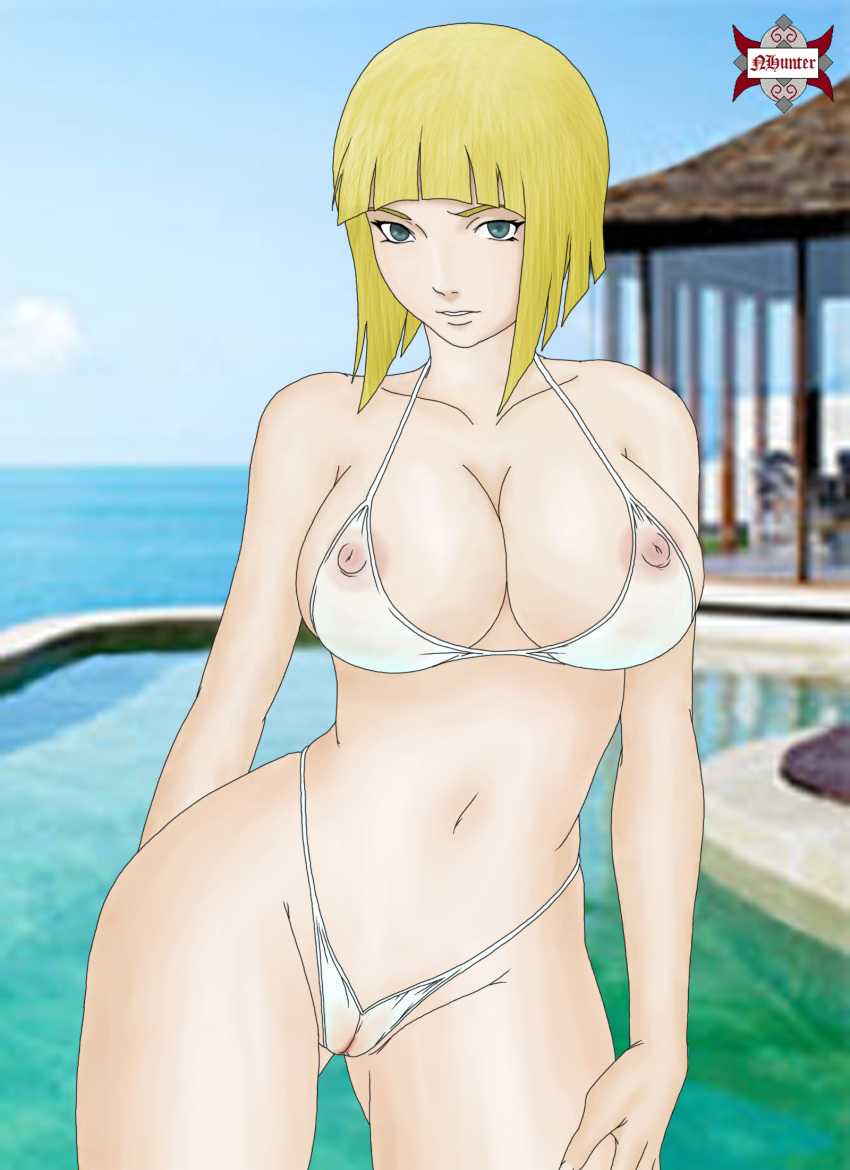 areolae arms_at_sides arms_behind_back bare_shoulders beach belly bikini blonde_hair blue_eyes bob_cut bra breasts cleavage curvaceous erect_nipples eyebrows female female_focus female_only female_solo hands_on_thighs high_resolution hourglass_figure large_areolae large_breasts naruto naruto_(series) naruto_shippuden navel nhunter nipples nude open_mouth pantsu pool samui see-through short_hair solo solo_focus swimsuit teeth thick_eyebrows thick_thighs thighs transparent underwear vagina white_bikini white_bra white_panties white_swimsuit white_underwear