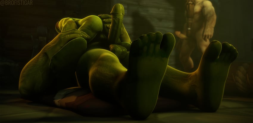 3d 3d_(artwork) archmage-rykarr bara beard erection feet foot_focus gay goblin male male_only orc penis precum sweat testicles vrykul warcraft world_of_warcraft yaoi