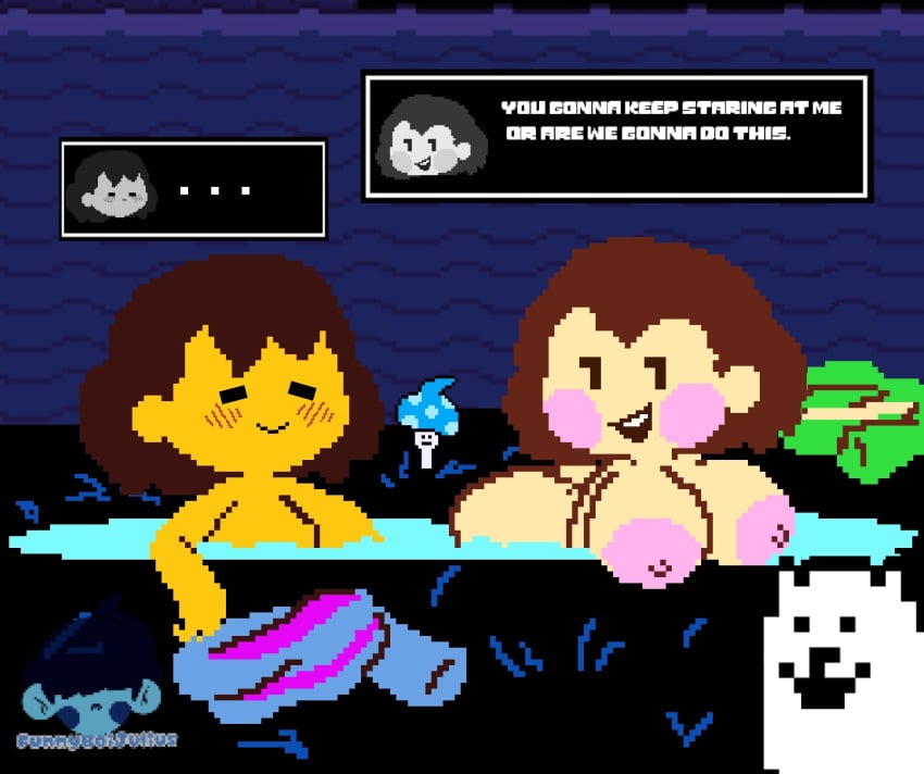 2girls annoying_dog_(undertale) ass big_ass big_breasts breasts brown_hair chara female female_only frisk funnyboijulius lake multiple_girls no_outlines nude pale_skin pixel_art pond seductive seductive_look seductive_smile skinny_dipping smile smug sprite stripped text toby_fox undertale yellow_skin