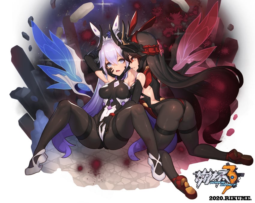 2020 2girls armpits arms_up artist_name ass bella_(honkai_impact) benares black_bodysuit black_gloves black_hair blue_eyes bodysuit bound bound_wrists breasts cameltoe clothing copyright_name dated elbow_gloves face-to-face fairy_wings fingering fingering_through_clothes gloves hairband hand_on_another's_crotch hand_on_another's_face honkai_(series) honkai_impact_3rd horns kneeling knees_up kurikara_(honkai_impact) leaning_forward legs long_hair multiple_girls open_mouth red_bodysuit red_eyes red_footwear rikume shoes silver_hair sitting skin_tight smile spread_legs thigh_strap thighs through_clothes very_long_hair white_bodysuit white_footwear wings yuri