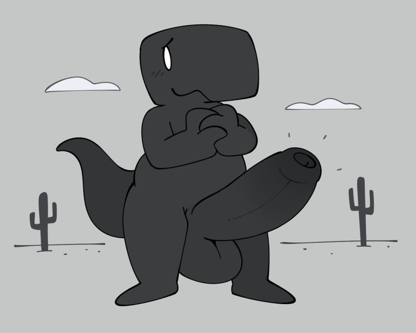 2021 balls big_balls big_penis birdvian blush cactus clouds dinosaur dinosaur_(google_chrome) feral genitals google google_chrome gray_body hi_res huge_balls huge_cock hyper hyper_penis lagomorph light_gray_wallpaper long_penis long_tail looking_away male male_only monochrome penis reptile scalie smile smiling solo solo_male standing tail theropod tyrannosaurid tyrannosaurus white_eyes