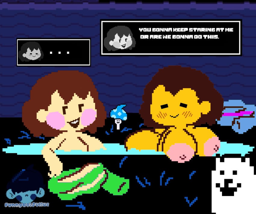 2girls annoying_dog_(undertale) ass big_ass big_breasts breasts brown_hair chara edit edited female female_only frisk funnyboijulius lake multiple_girls no_outlines nude pale_skin pixel_art pond seductive seductive_look seductive_smile skinny_dipping smile smug sprite stripped text toby_fox undertale yellow_skin