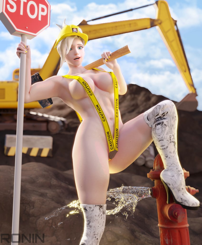 1girls 3d 3d_(artwork) big_ass big_breasts blender blonde_hair blue_eyes construction_site female hammer hay mercy overwatch posing ronin-jelly sling_bikini solo straight yokubos