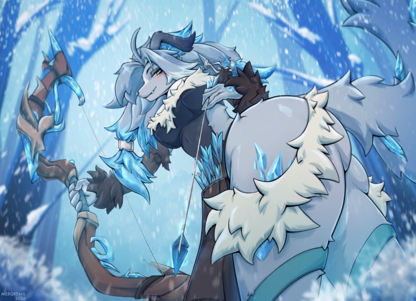 anthro arrow_(weapon) bow_(weapon) breasts canid canine canis female furry genshin_impact hi_res iryna low-angle_view mammal mergremil mihoyo ranged_weapon rear_view snezhnaya_girls snow snow_forest solo thick_thighs weapon wolf