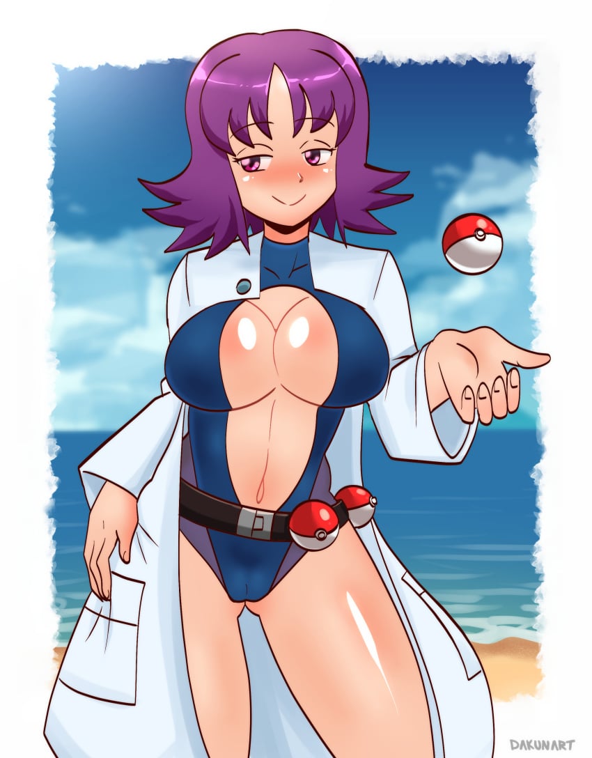 1girls 2020 beach big_breasts blush breasts curvaceous dakun_art female half-closed_eyes human labcoat large_breasts nintendo pale-skinned_female pale_skin philena_ivy poke_ball pokemon pokemon_professor pokemon_rgby presenting purple_eyes purple_hair short_hair swimsuit thick_thighs thighs waist_poke_ball wide_hips