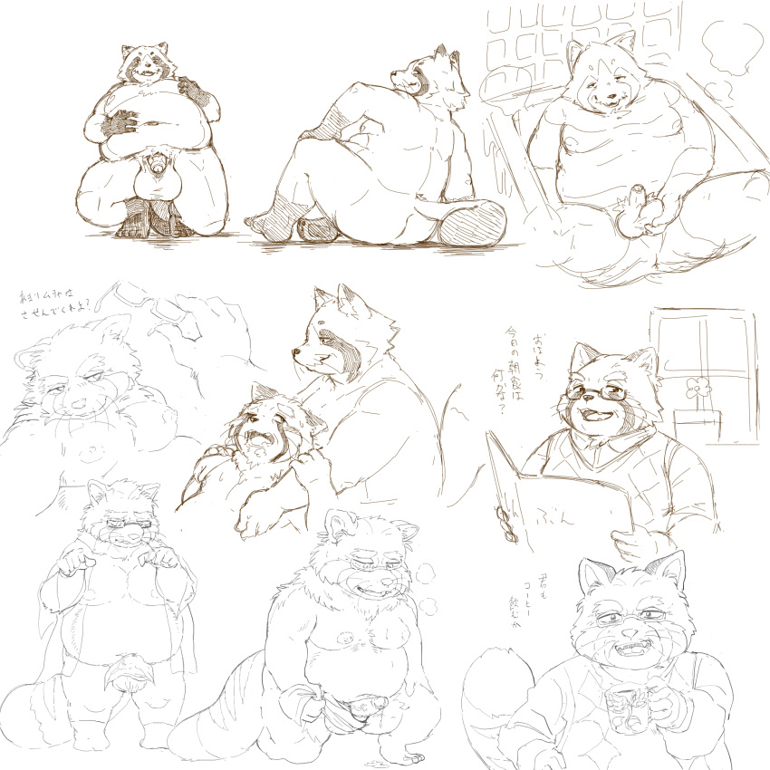 1:1 2020 anthro ass balls bathing big_balls canid canine clothing erection eyewear genitals glasses hi_res kemono male male/male mammal moobs nipples overweight overweight_male penis raccoon_dog robe sakusan_kc shirt sitting tanuki tenugui topwear water