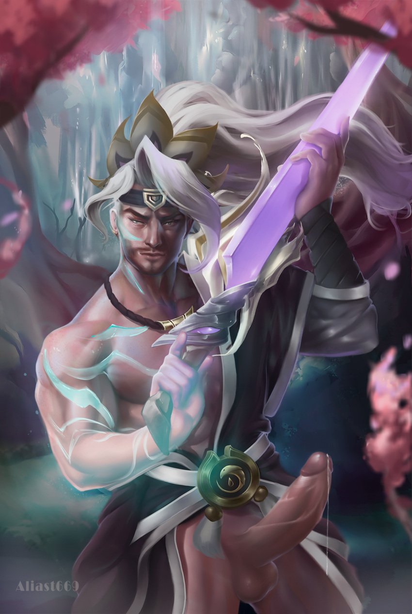 1boy aliast669 bara big_penis dripping dripping_cum league_of_legends male male_only muscles muscular muscular_male solo spirit_blossom_yasuo uncensored white_hair yaoi yasuo