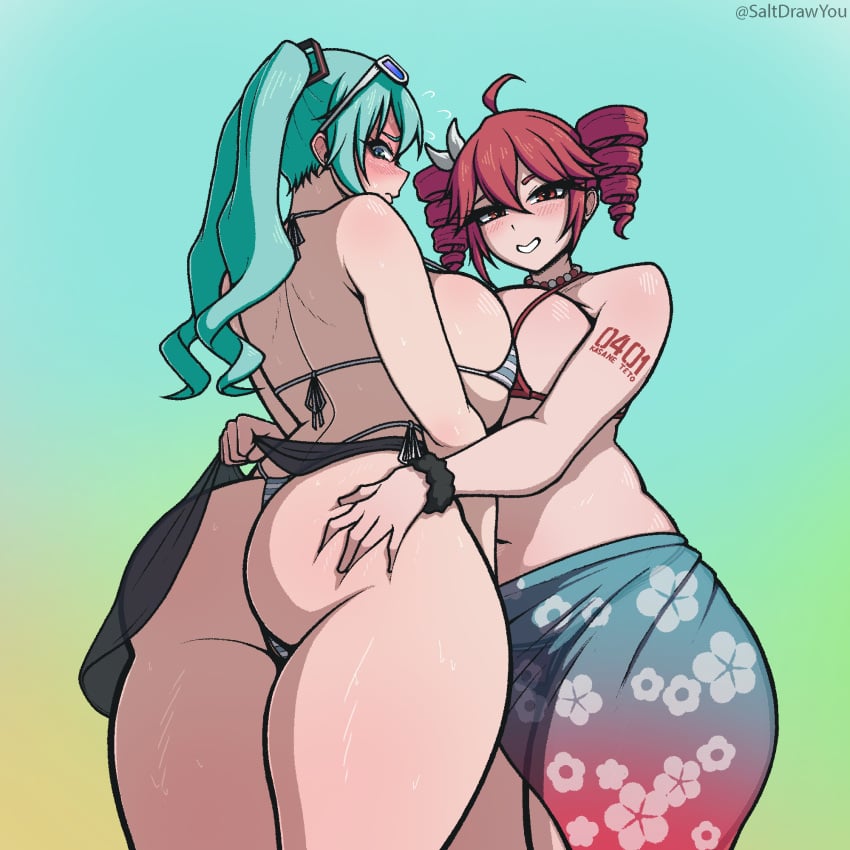 2girls ass breasts female female_focus female_only hatsune_miku kasane_teto large_ass large_breasts light-skinned_female light_skin saltdrawyou thick_thighs thighs vocaloid wide_hips