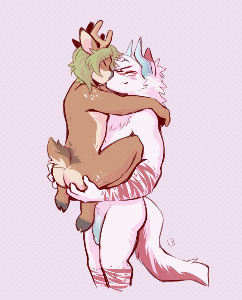 anthro antlers blush blush_stickers cervid chest_tuft closed_eyes duo fan_character flaccid genitals green_hair hair hand_on_butt hands_behind_head hi_res holding_character horn hug humanoid_genitalia humanoid_penis kissing lifting long_penis male male_only mammal penis pink_background scut_tail simple_background smile standing tohfu tuft uncut