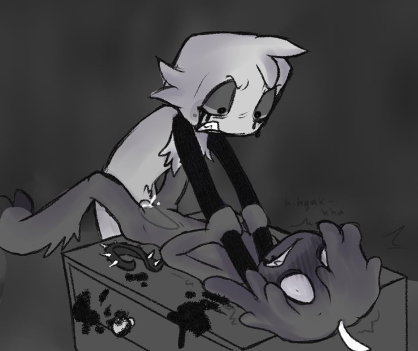 anthro black_and_white blush choking cum_inside dandy's_world dubious_consent goob_(dandy's_world) raypaw05 self_upload shivering waxwell_(dandy's_world)