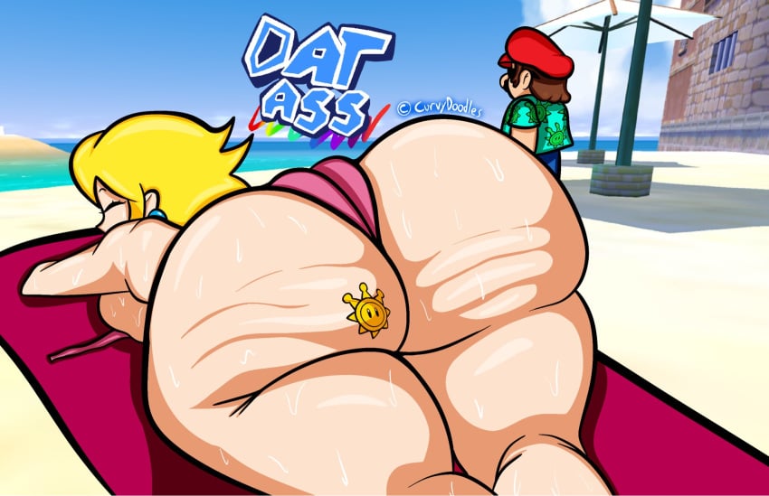 1boy 1girls ass ass_focus beach beach_background beach_towel big_ass bikini bikini_bottom booty butt curvydoodles dat_ass fat_ass female female_focus game_background huge_ass mario mario_(series) nintendo princess_peach shine_sprite super_mario_sunshine sweaty sweaty_ass sweaty_body