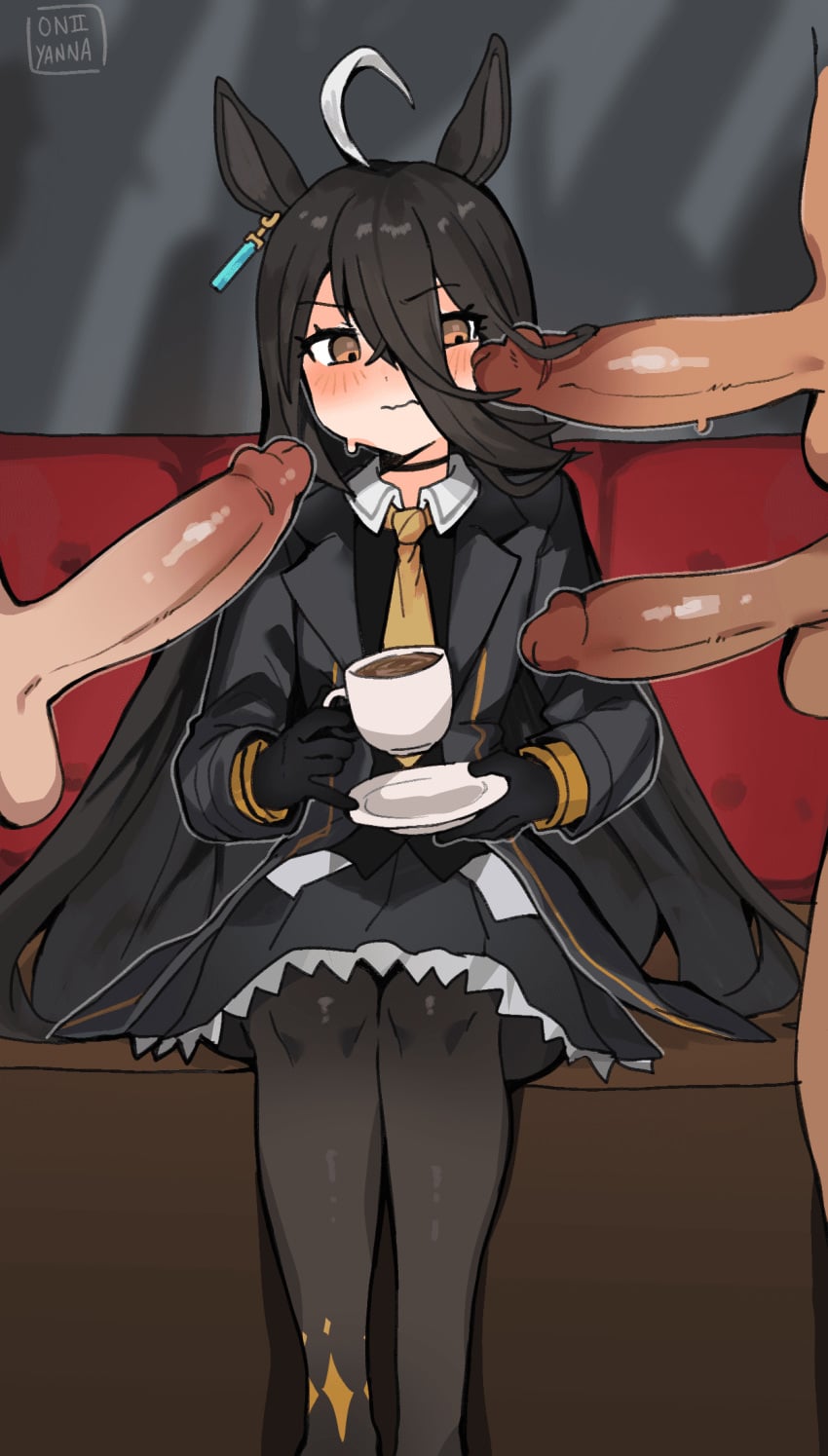 1girl 3boys black_coat black_gloves black_hair black_pantyhose black_shirt black_skirt closed_mouth hetero holding_cup holding_saucer horse_ears horse_girl large_penis manhattan_cafe_(umamusume) on_couch oniiyanna oniyanna sitting solo_focus surrounded_by_penises umamusume umamusume_pretty_derby uncensored veiny_penis yellow_eyes