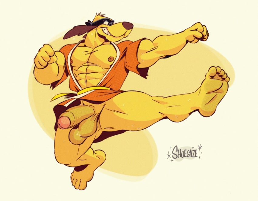 5_fingers 5_toes abs action_pose anthro balls barefoot brown_ears brown_nose canid canine canis clothed clothing dirtyyeen domestic_dog fingers fist fur genitals grin hanna-barbera hong_kong_phooey hong_kong_phooey_(character) humanoid_genitalia humanoid_penis ineffective_clothing male male_only mammal mask muscular muscular_anthro muscular_male orange_clothing pecs penis penrod_"penry"_pooch pose shoegaze. smile solo testicles toes yellow_balls yellow_body yellow_fur yellow_penis