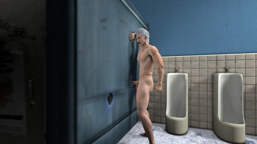 3d derek_sfm devil_may_cry devil_may_cry_5 glory_hole male_only muscles muscular muscular_male pleasure_face solo solo_male toilet vergil yaoi