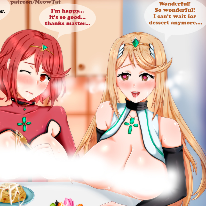 2girls bdsm_gear big_breasts blonde_hair bondage breasts comic female large_breasts meowtat multiple_girls mythra mythra_(xenoblade) pyra red_hair slave torture underwear xenoblade_(series) xenoblade_chronicles xenoblade_chronicles_2