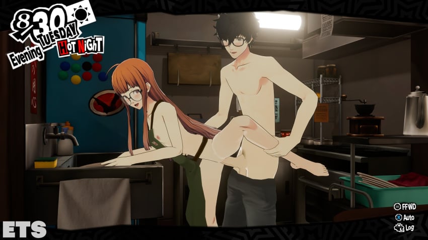 1boy1girl 1girl1boy 3d 3d_(artwork) apron apron_only black_hair black_pubic_hair blushing brown_eyes cafe commission doggy doggy_position doggy_style doggy_style_position doggy_style_sex doggystyle erect_penis erection eulathighstraps glasses half_naked half_naked_female half_naked_male half_nude half_nude_female half_nude_male hand_on_leg kitchen kitchen_sex looking_at_partner looking_back_at_partner mouth_open one_leg_raised one_leg_up orange_hair persona persona_5 petite petite_female pink_areola pink_nipples pubic_hair ren_amamiya sakura_futaba small_breasts standing_doggy_style standing_doggystyle vaginal vaginal_penetration vaginal_sex