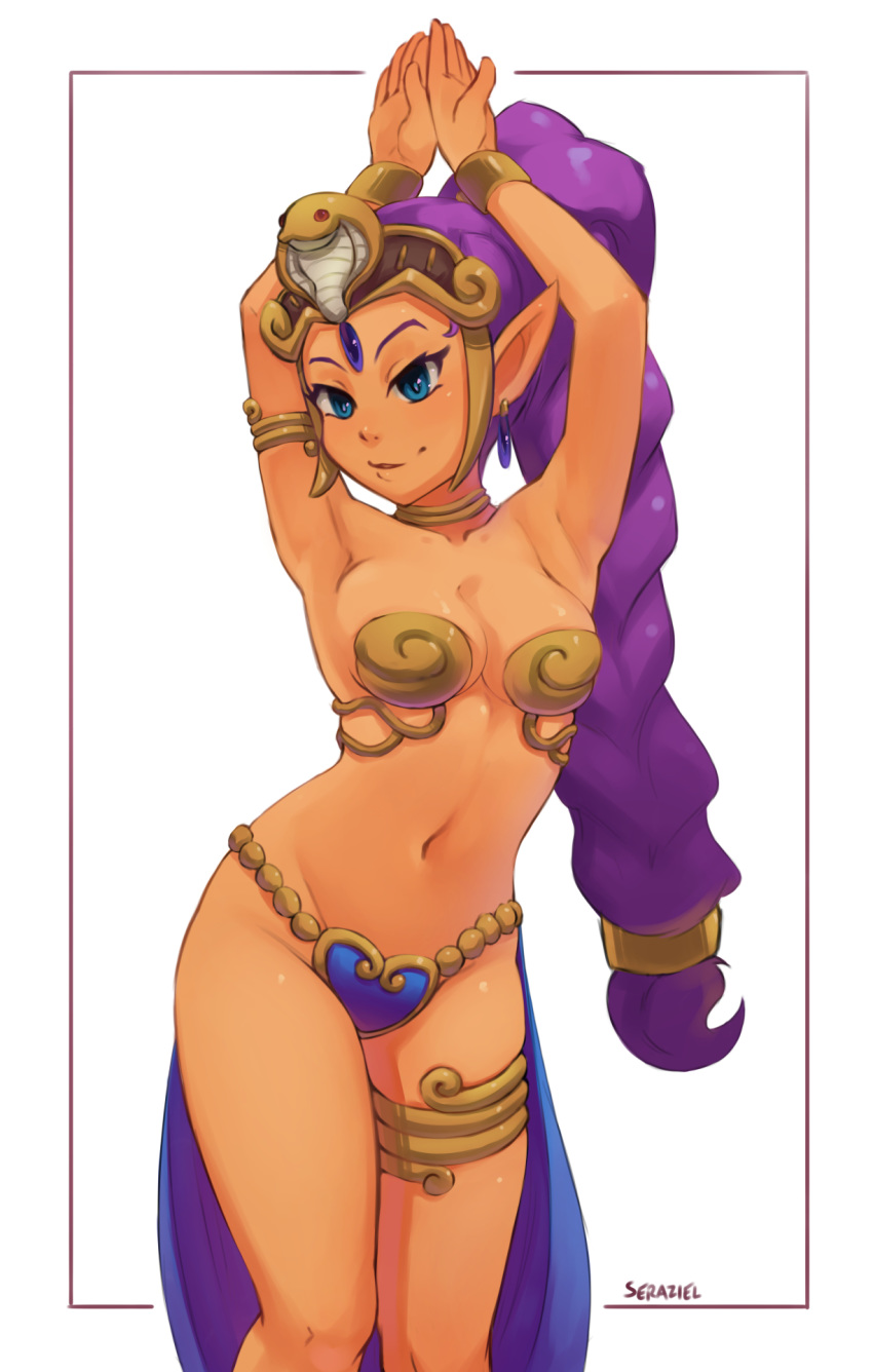 1girls arabian_clothes armlet armor armpits arms_up belly_dancer belly_dancing bikini_armor blue_eyes bracelet braid breasts contrapposto dancer_shantae dark_skin earrings female female_only forehead_jewel gold harem_outfit headgear highres jewelry long_braid long_hair looking_at_viewer low-tied_long_hair medium_breasts navel neck_ring parted_lips pointy_ears ponytail purple_hair revealing_clothes seraziel shantae shantae_(character) smile smooth_skin solo stomach strapless thighlet tiara very_long_hair wayforward