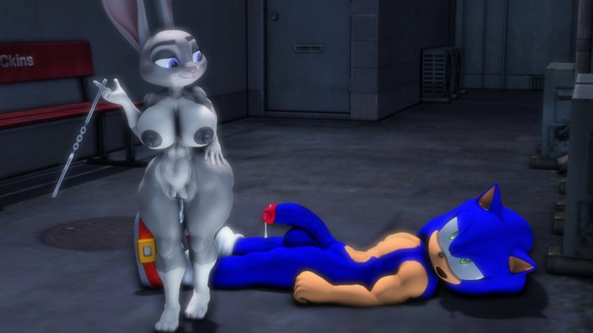 1boy 1girls 3d 3d_(artwork) after_sex anthro anthro_on_anthro balls blue_eyes blue_fur breasts crossover cuffs cum cumdrip disney duo eastern_and_western_character ejaculation eyelashes feet female full_body furry furry_female furry_male furry_only genitals green_eyes grey_fur handcuffs hedgehog interspecies judy_hopps lagomorph looking_at_another lying_on_back male male/female mammal mature mature_female mature_male nipples nude open_mouth penis pussy rabbit sega shoes smile sonic_(series) sonic_the_hedgehog sonic_the_hedgehog_(series) sonicthebitch standing straight testicles zootopia