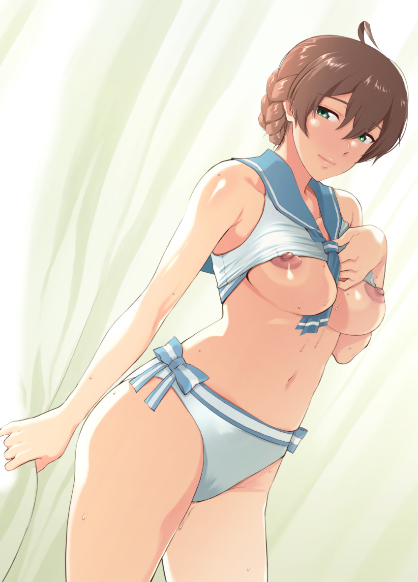 ahoge bare_arms bare_shoulders between_breasts bikini bikini_lift blue_neckwear blue_sailor_collar braid breasts breasts_out brown_hair closed_mouth cowboy_shot curtains dutch_angle eyebrows_visible_through_hair female green_eyes hair_between_eyes hand_up highres humiyou idolmaster idolmaster_million_live! idolmaster_million_live!_theater_days indoors lifted_by_self light_smile looking_at_viewer looking_to_the_side lying medium_breasts navel neckerchief neckwear_between_breasts nipples on_back perky_breasts sailor_bikini sailor_collar sailor_swimsuit_(idolmaster) sakuramori_kaori shiny shiny_hair short_hair side-tie_bikini solo standing stomach striped striped_bikini sweat swimsuit tied_hair white_bikini